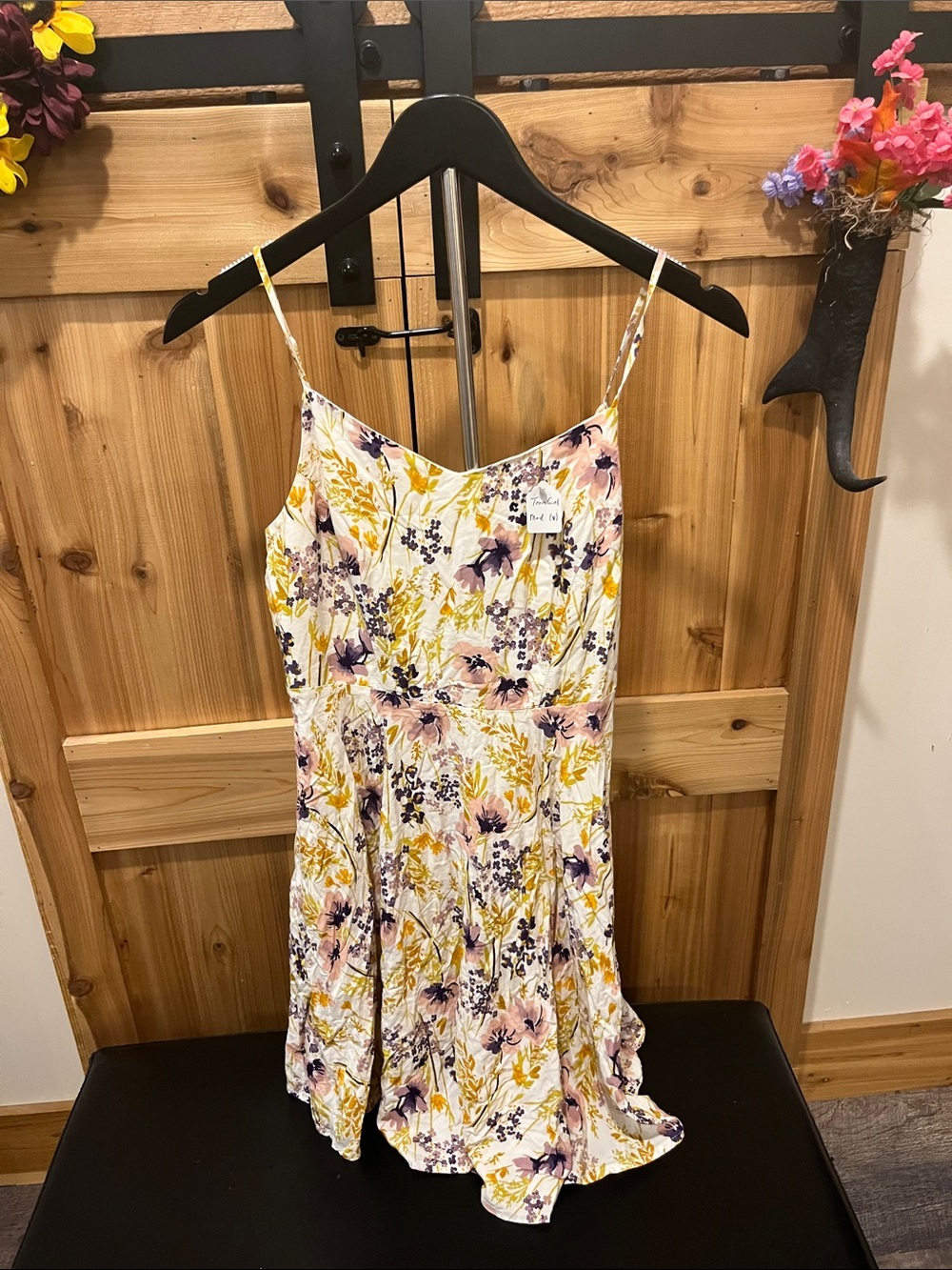 Old Navy White Floral Spaghetti Strap Dress with Yellow & Purple Print